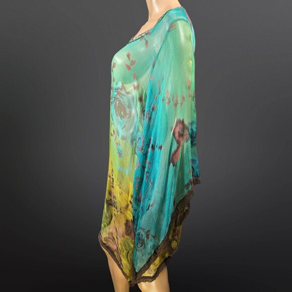 Vintage Floral Caftan Sheer Beach Cover Up Dress Size M Teal Green Brown Beaded - Picture 6 of 9